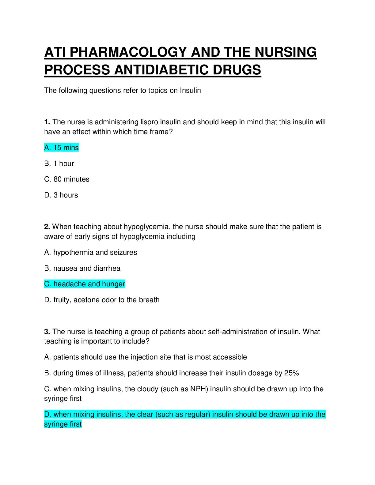 Preview image for ATI PHARMACOLOGY AND THE NURSING PROCESS ANTIDIABETIC DRUGS. QUESTIONS WITH ANSWERS.